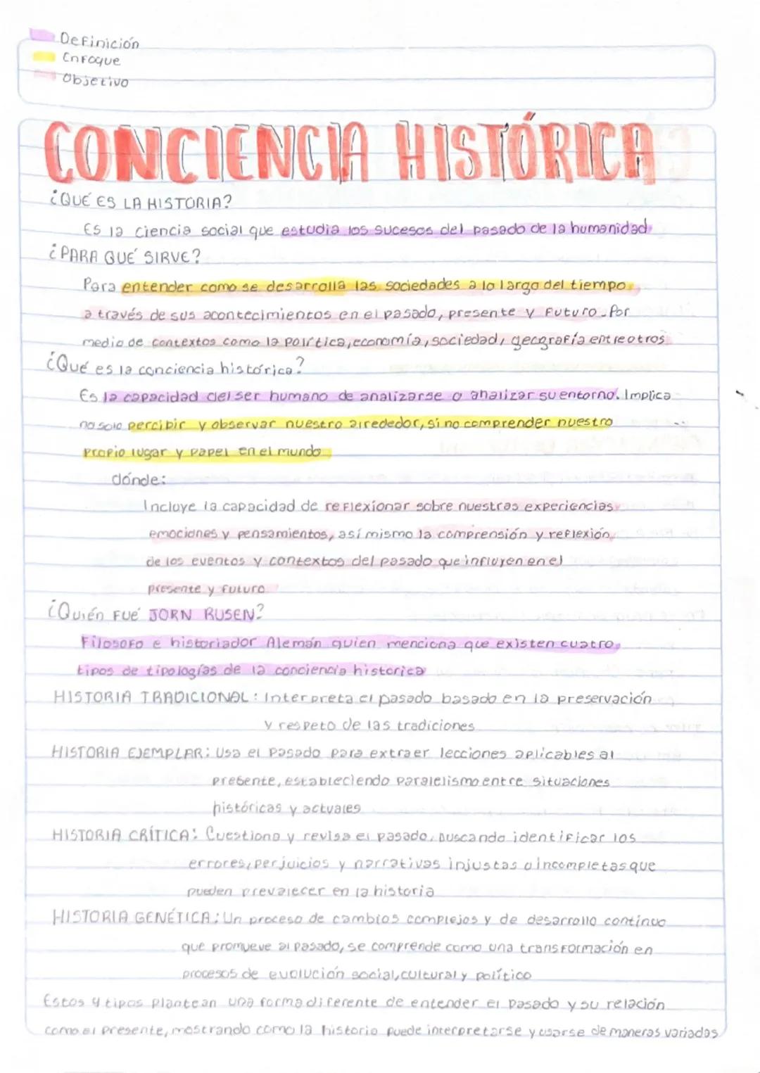 - De Finición
- Enfoque
- Objetivo

# CONCIENCIA HISTÓRICA

## ¿QUÉ ES LA HISTORIA?
Es la ciencia social que estudia los sucesos del pasado 