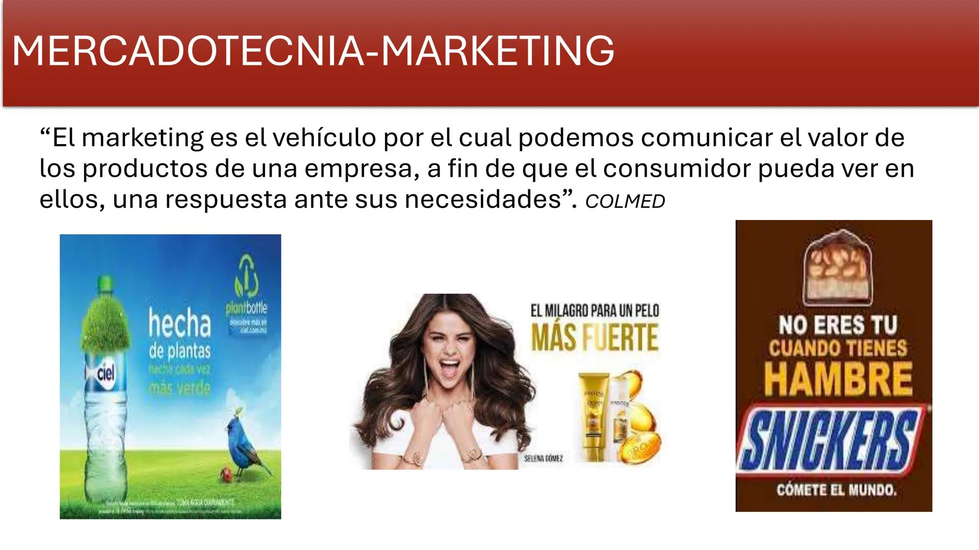 MERCADOTECNIA-MARKETING
Del latín MERCATUS es igual a mercado
Del griego téxvη es igual a ciencia
"Ciencia que estudia los procesos de venta