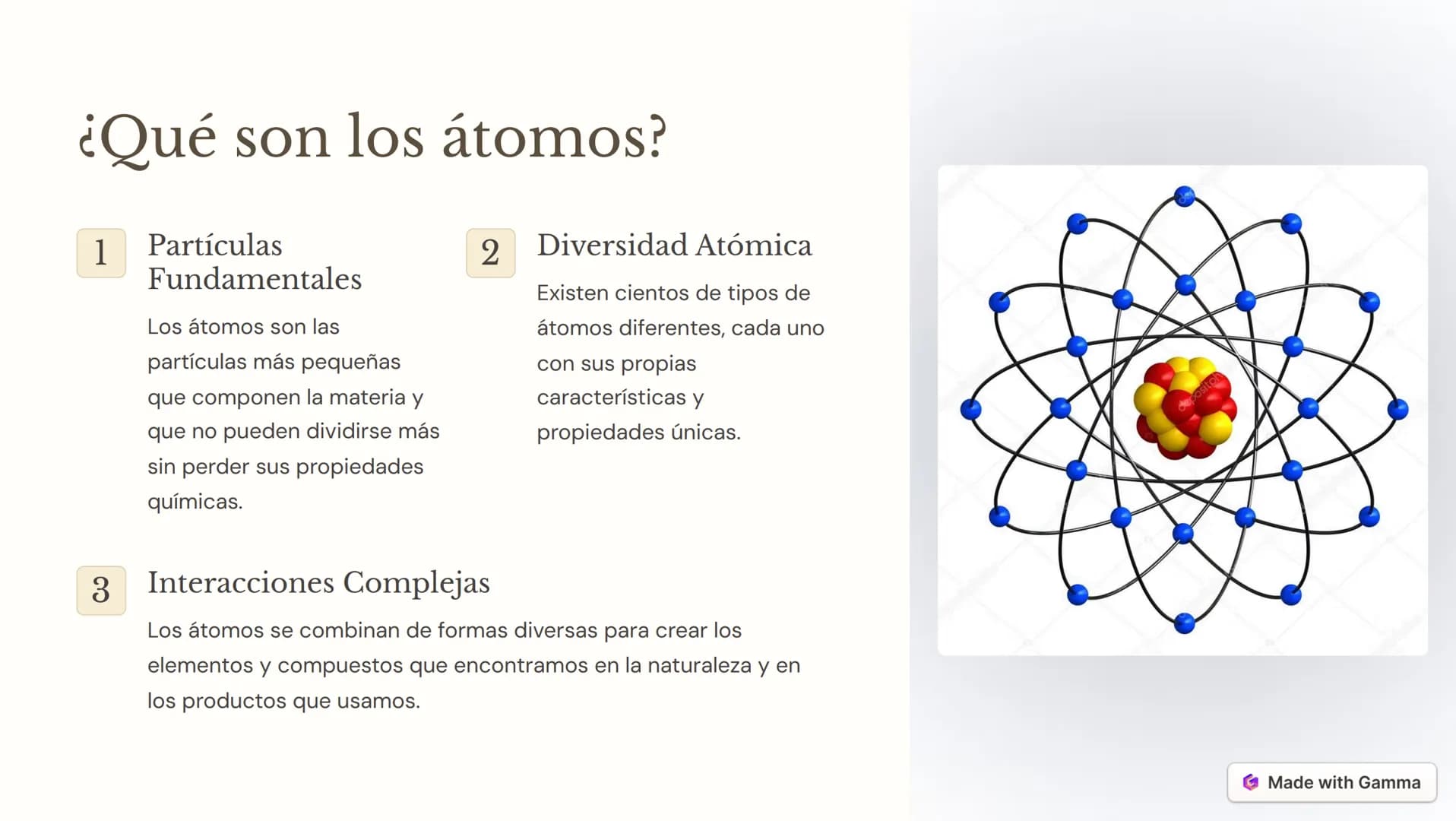 ¿Qué son los átomos?
1
Partículas
Fundamentales
Los átomos son las
partículas más pequeñas
que componen la materia y
que no pueden dividirse