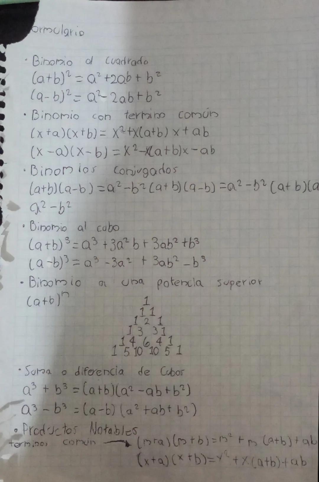 ormulario
Binomio al Cuadrado
(a+b)²=a²+2ab+b²
(a-b)²=a22ab+b²
• Binomio con
termino común
9
(x+a)(x+b) = x²+X(a+b)x+ab
(x-a)(x-6)=x2-x(a+b)