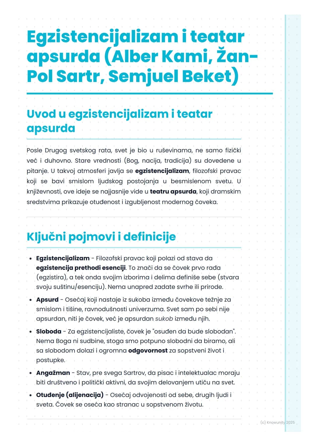 # Egzistencijalizam i teatar
apsurda (Alber Kami, Žan-
Pol Sartr, Semjuel Beket)

Uvod u egzistencijalizam i teatar
apsurda

Posle Drugog sv
