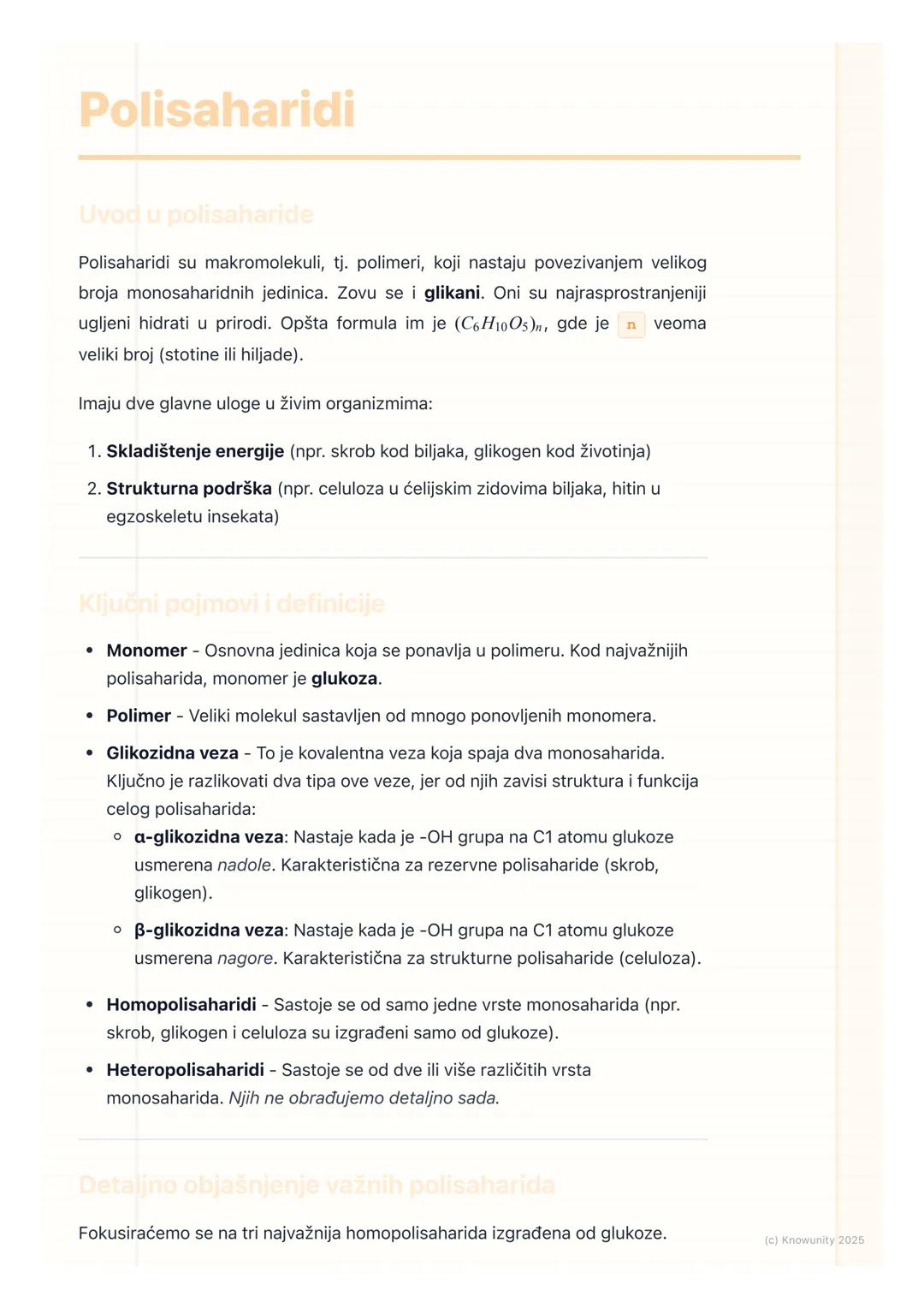 # Polisaharidi

Uvod u polisaharide

Polisaharidi su makromolekuli, tj. polimeri, koji nastaju povezivanjem velikog
broja monosaharidnih jed