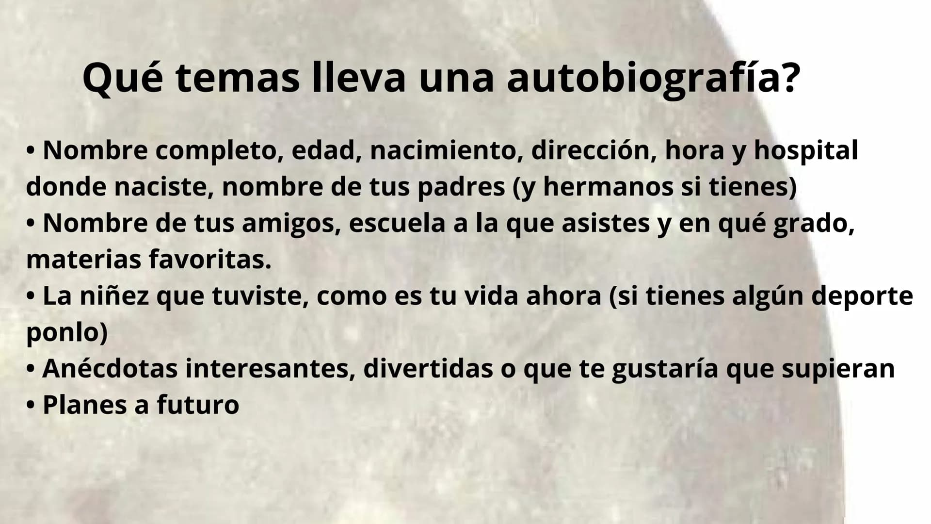 La autobiografía
•
Temas:
Que es la autobiografía?
• Para que sirve la autobiografía?
• Cómo se hace una autobiografía?
• Cuáles son los tem