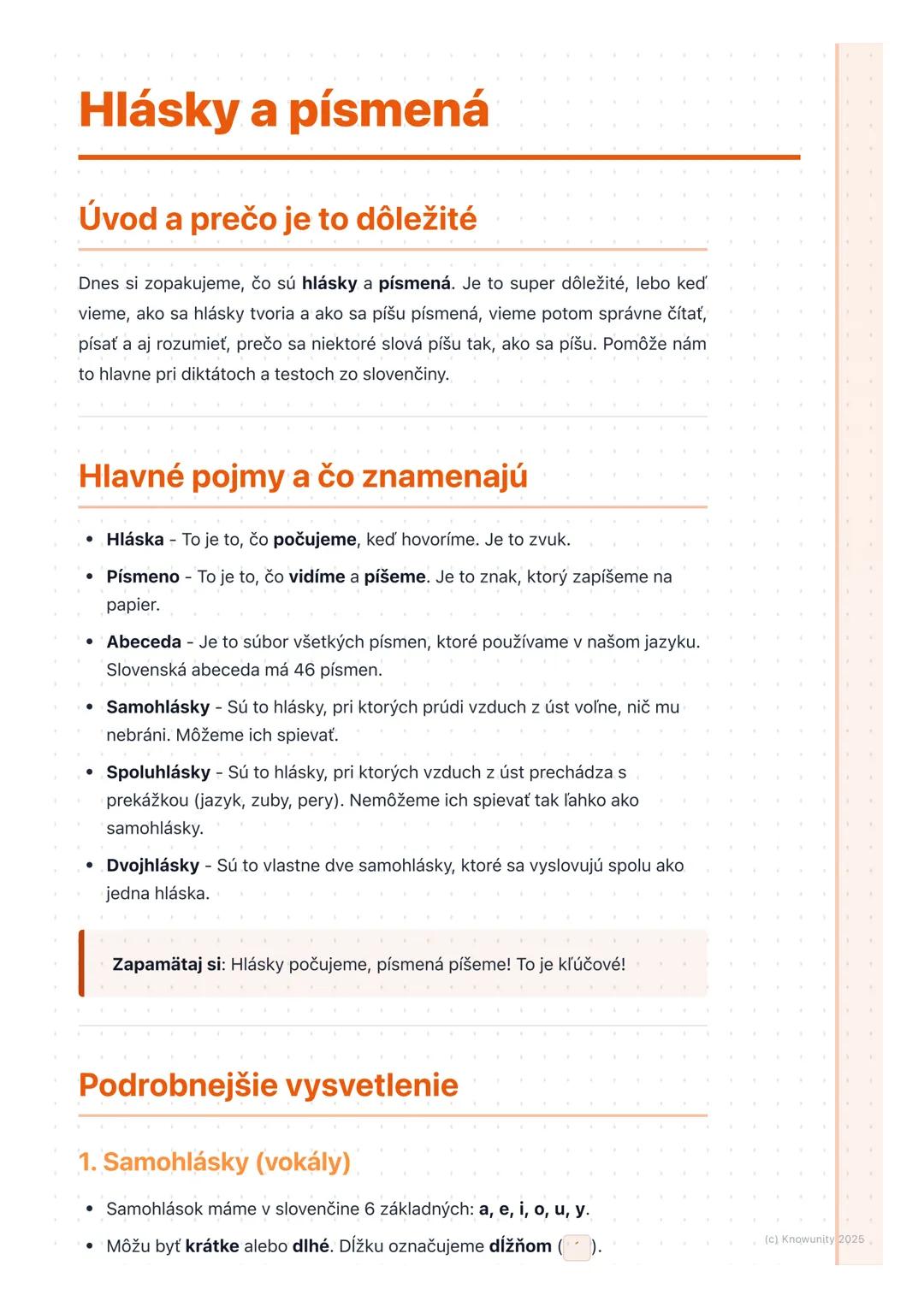 # Hlásky a písmená

## Úvod a prečo je to dôležité

Dnes si zopakujeme, čo sú hlásky a písmená. Je to super dôležité, lebo keď
vieme, ako sa