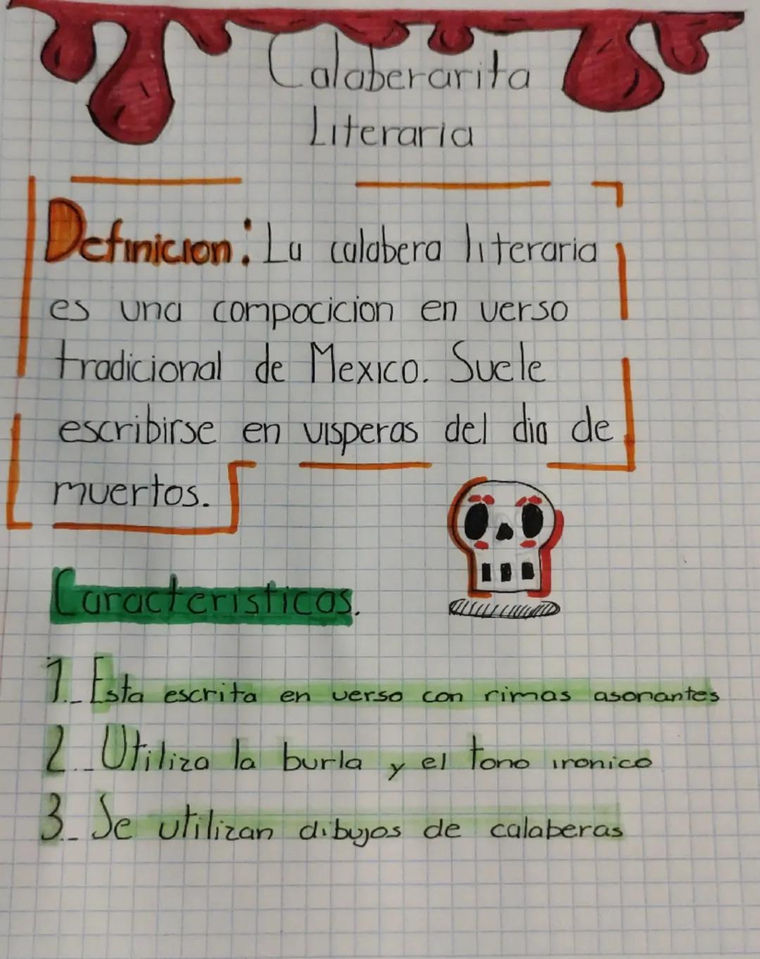 Calaberarita
Literaria
Definicion: Lu calabera literaria
es una compocicion en verso
tradicional de Mexico, Suele
escribirse en visperas del