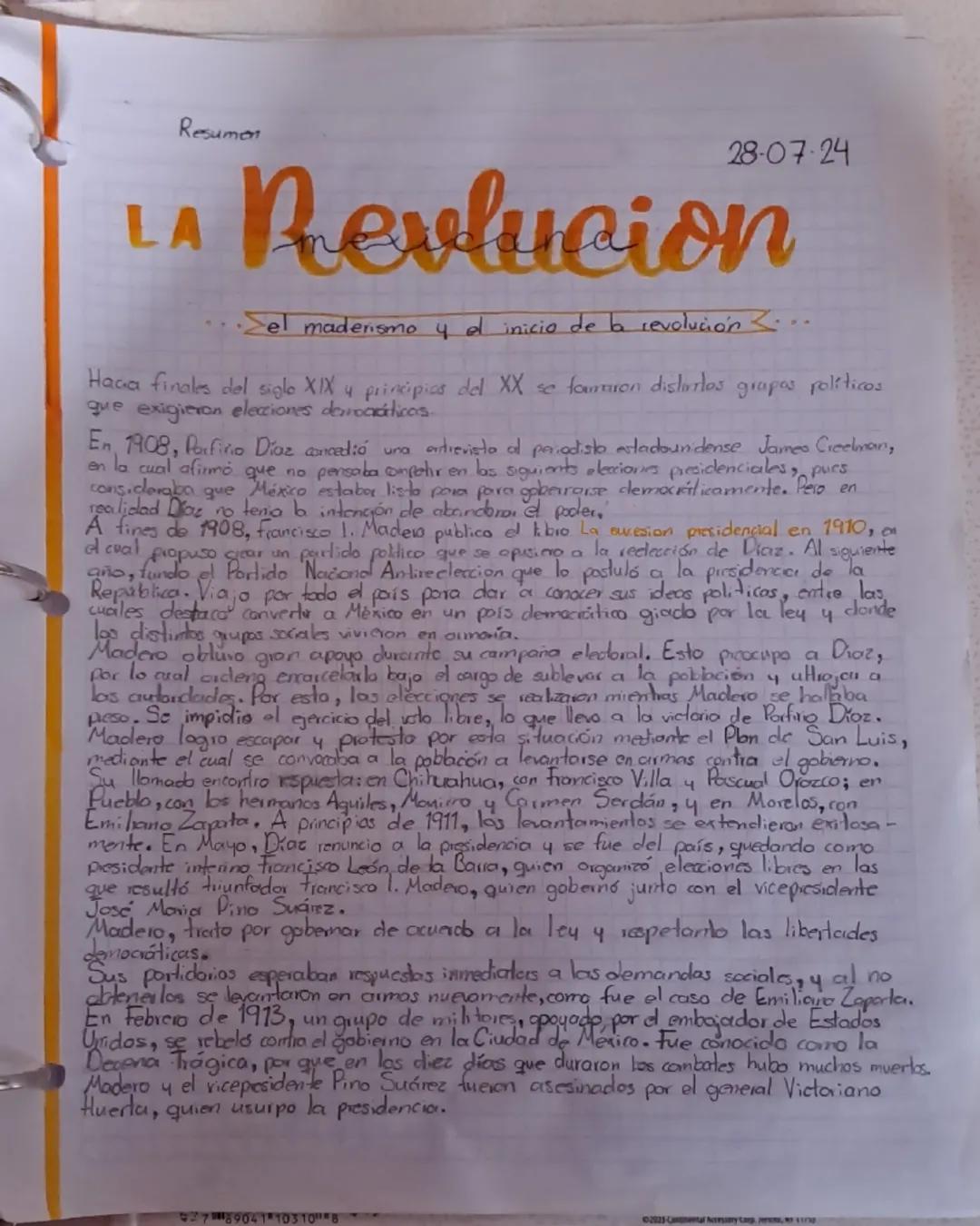 Resumen
28-07-24
LA Revlucion
•Σel maderismo y el inicio de la revolución <...
Hacia finales del siglo XIX y principios del XX se famron dis