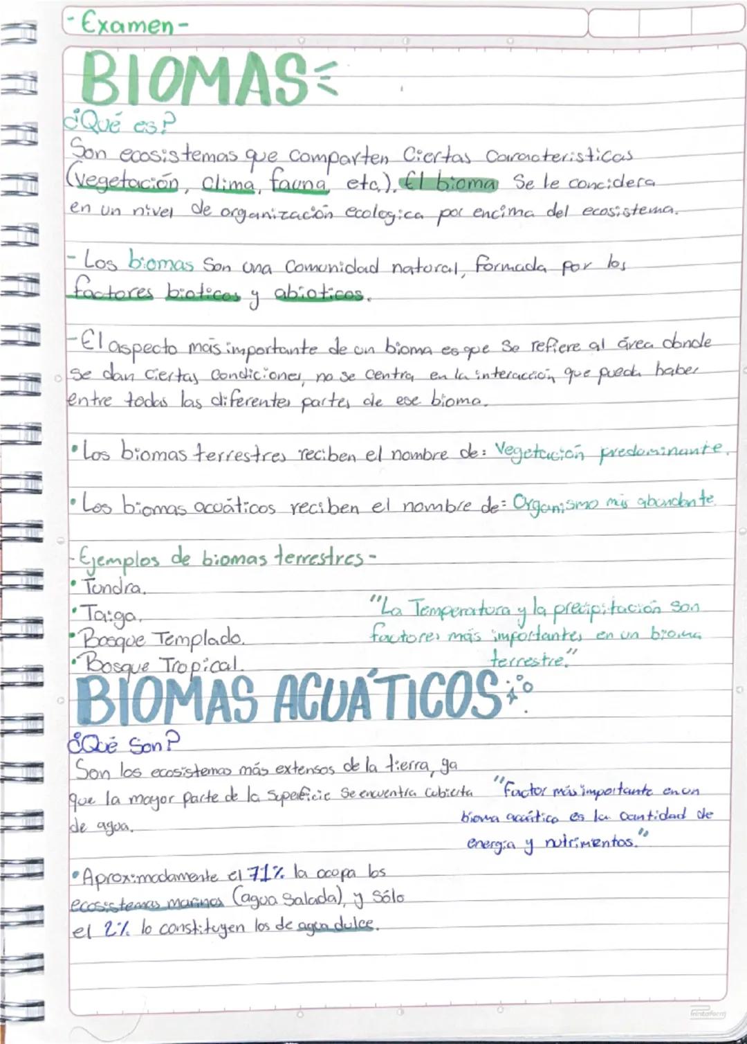 -Examen-
# BIOMAS
¿Qué es?
Son ecosistemas que comparten Ciertas Coromoteristicas.
(vegetación, Clima, fauna, etc.). El bioma Se le concider