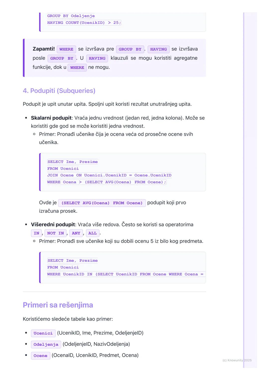# Napredni SQL upiti

Uvod u napredne SQL upite

Do sada smo radili osnovne `SELECT`, `FROM`, `WHERE` upite za izvlačenje
podataka iz jedne 