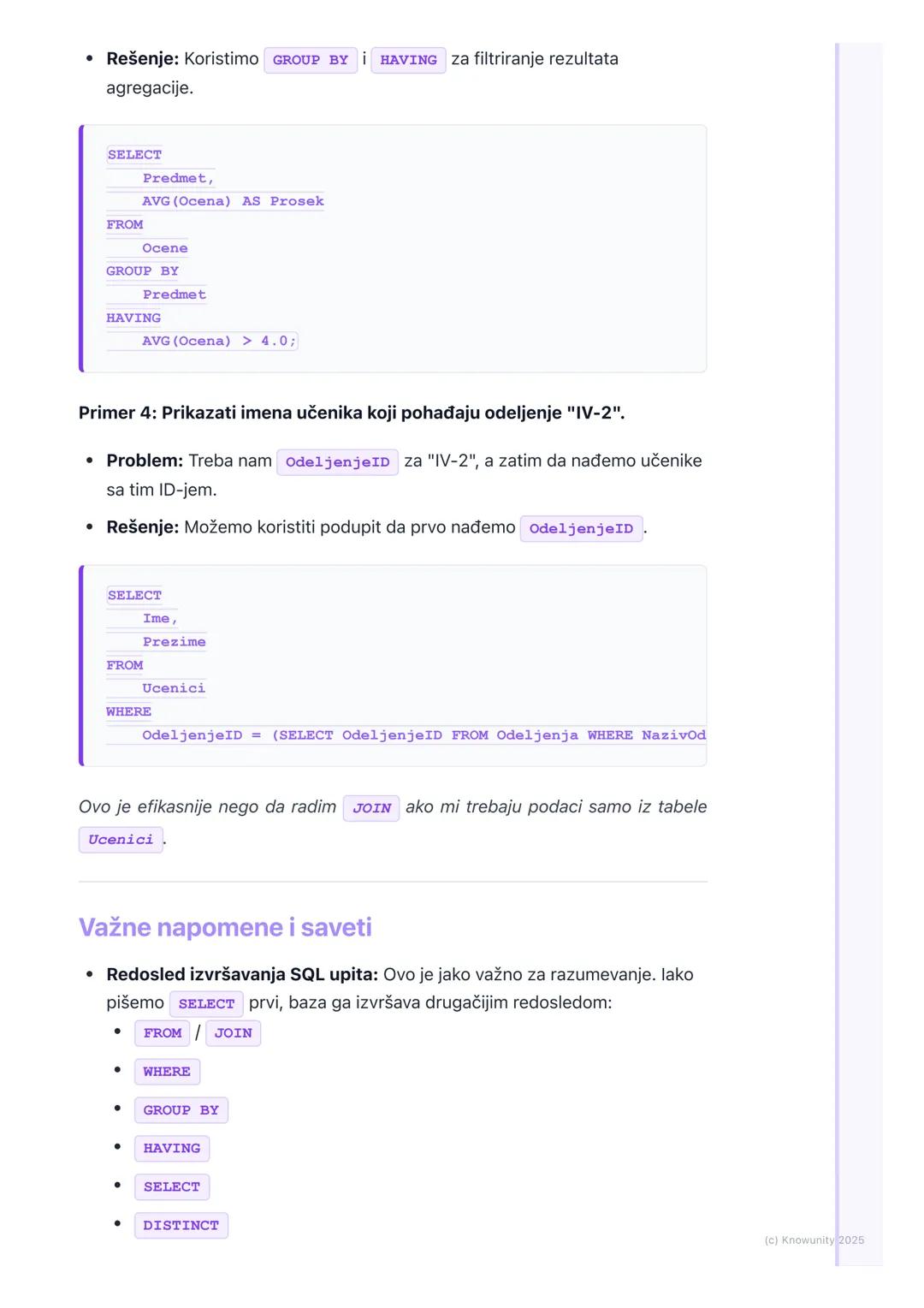 # Napredni SQL upiti

Uvod u napredne SQL upite

Do sada smo radili osnovne `SELECT`, `FROM`, `WHERE` upite za izvlačenje
podataka iz jedne 