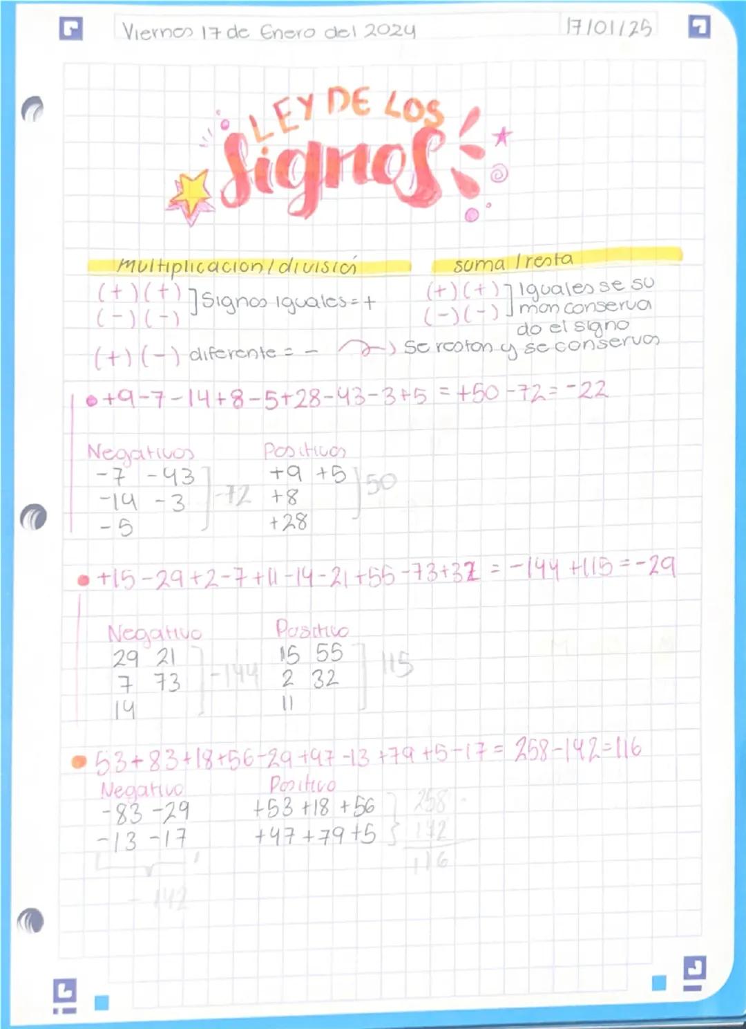 Viernes 17 de Enero del 2024
17101125
7
# LEY DE LOS

Multiplicacion/ división
(+) (+)] Signos iguales = +
(-)(-) 

suma Tresta
(+) (+) Igua