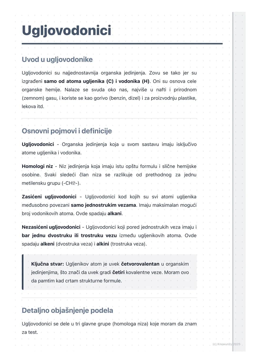 # Ugljovodonici

## Uvod u ugljovodonike

Ugljovodonici su najjednostavnija organska jedinjenja. Zovu se tako jer su
izgrađeni samo od atoma