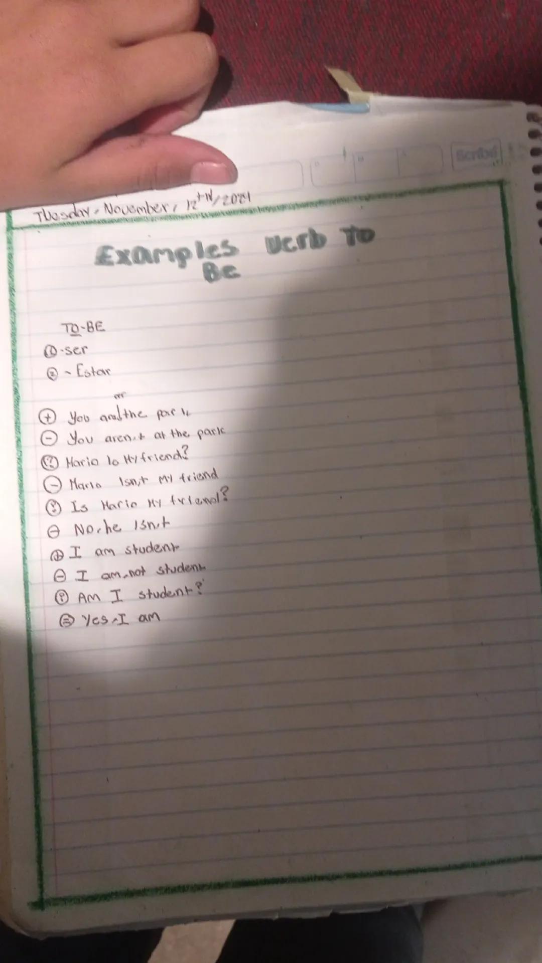 Tuesday, November, 12/2001
Examples Verb To
Be
TO-BE
-ser
- Estar
mr
You analthe park
You arent at the park.
Maria to My friend?
Maria Isnt 