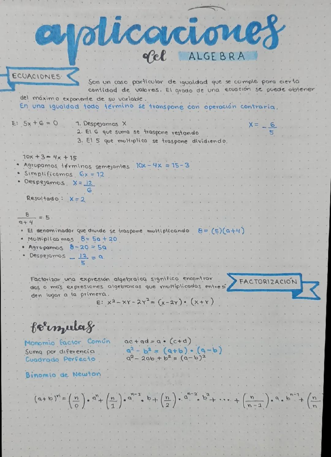 aplicaciones
ECUACIONES
Son un caso particular de igualdad que se comple para cierta
contidad de valores. El grado de una ecuación se puede 