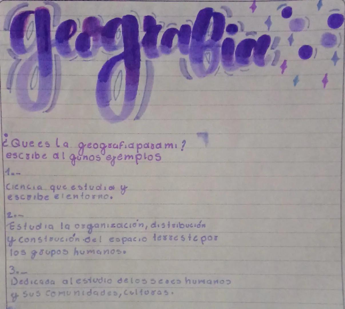 geografia
mı?
¿Que es la geografia para mi ?
escribe algunos ejemplos
1.-
Ciencia que estudia y
escribe elentorno.
2.1
Estudia la organizaci
