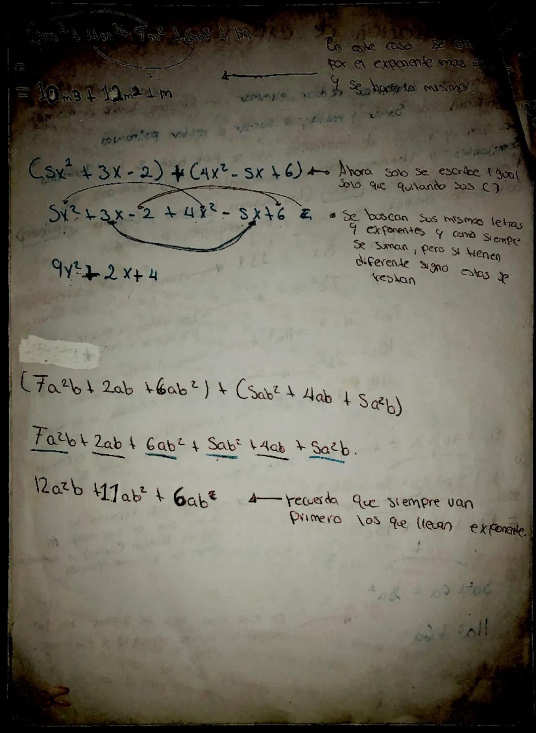 # Monomio: Son  que Solo 

95x     6$x y^2$     -8$x^3 y^2$

# Polinomio: Mas de un termino (Cosa que tiene 2 o mas monomios)
-Proveyendo ta