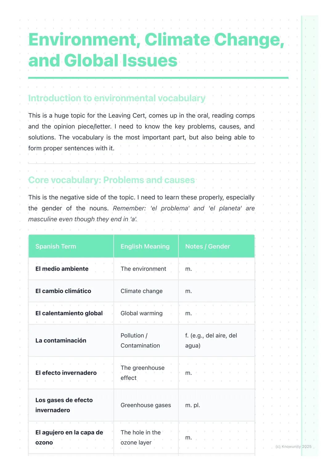 # Environment, Climate Change,
and Global Issues

Introduction to environmental vocabulary

This is a huge topic for the Leaving Cert, comes