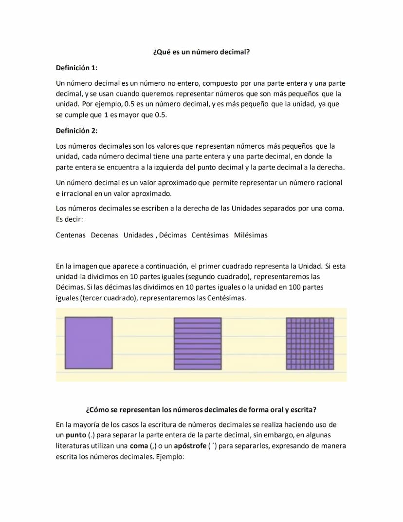 ¿Qué es un número decimal?
Definición 1:
Un número decimal es un número no entero, compuesto por una parte entera y una parte
decimal, y se 
