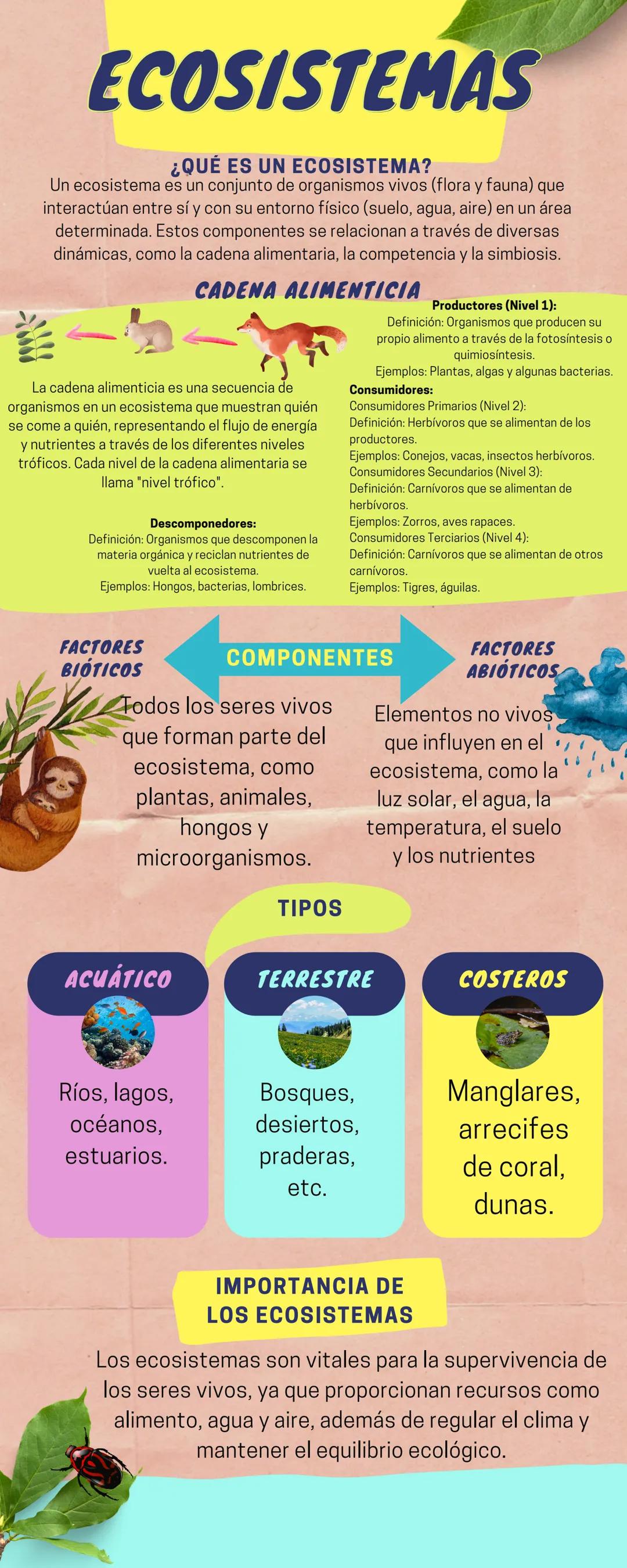 ECOSISTEMAS
¿QUÉ ES UN ECOSISTEMA?
Un ecosistema es un conjunto de organismos vivos (flora y fauna) que
interactúan entre sí y con su entorn