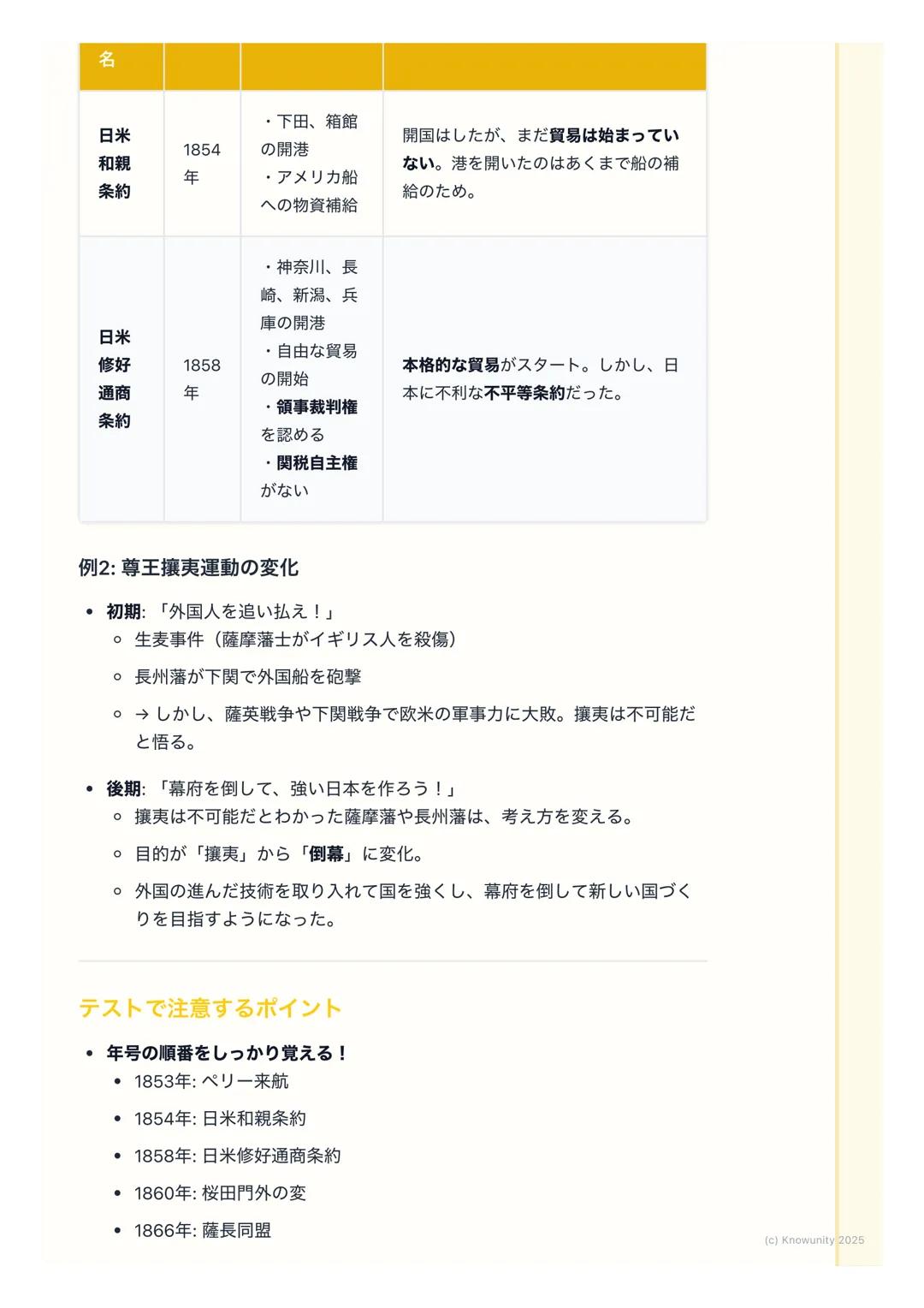 # 幕末の動乱と開国

幕末の動乱と開国

概要

江戸時代末期、200年以上続いた鎖国政策が終わって、日本が外国に港を開いた
時期。アメリカのペリーが黒船で来航したことが大きなきっかけになった。この
出来事によって幕府の力が弱まり、国内が大きく乱れて、最終的に江戸幕府が倒
れ、