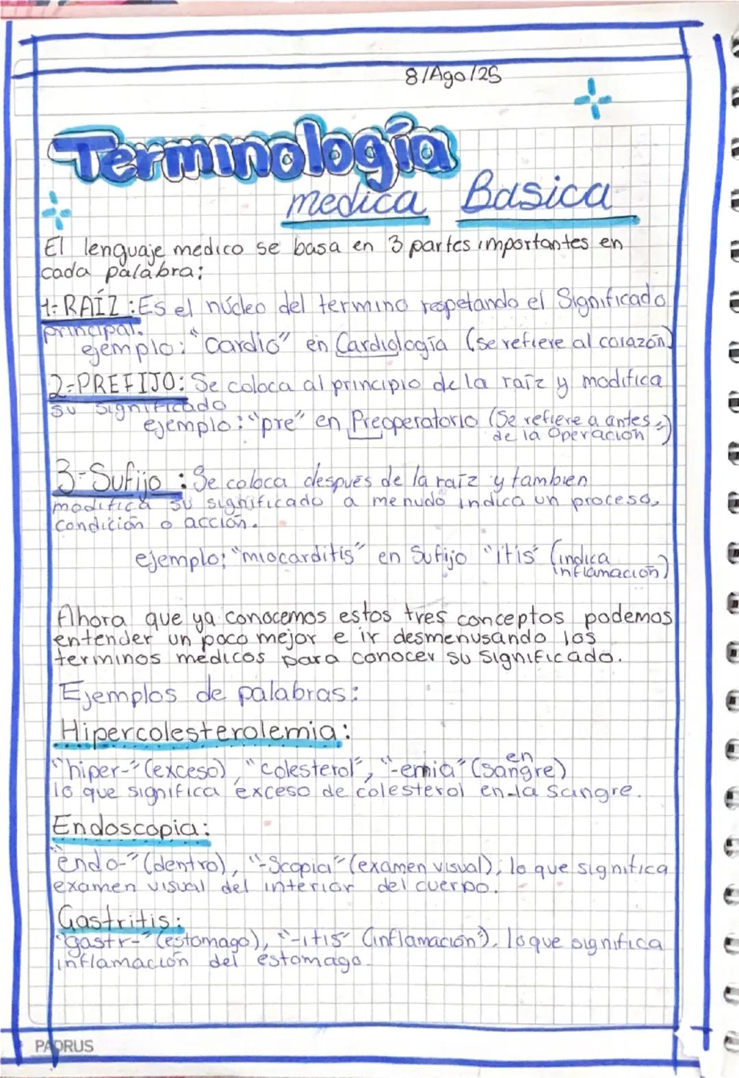 8/Ago/25
# Terminologia Basica
El lenguaje medico se basa en 3 partes importantes en
cada palabra:
1: RAÍZ: Es el núcleo del termino respeta