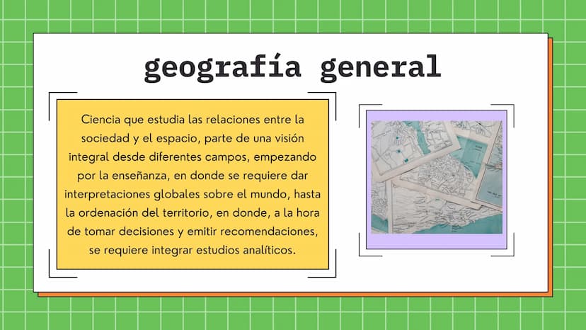 La
Geografía
general
Y SUS RAMAS ¿Qué es?
Estudia las variaciones de las
distribuciones tanto espaciales
como de la superficie terrestre,
as