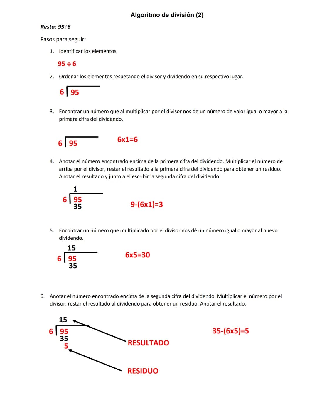 Algoritmo de división (1)
Resta: 54 +4
Pasos para seguir:
1. Identificar los elementos
54÷4
2. Ordenar los elementos respetando el divisor y