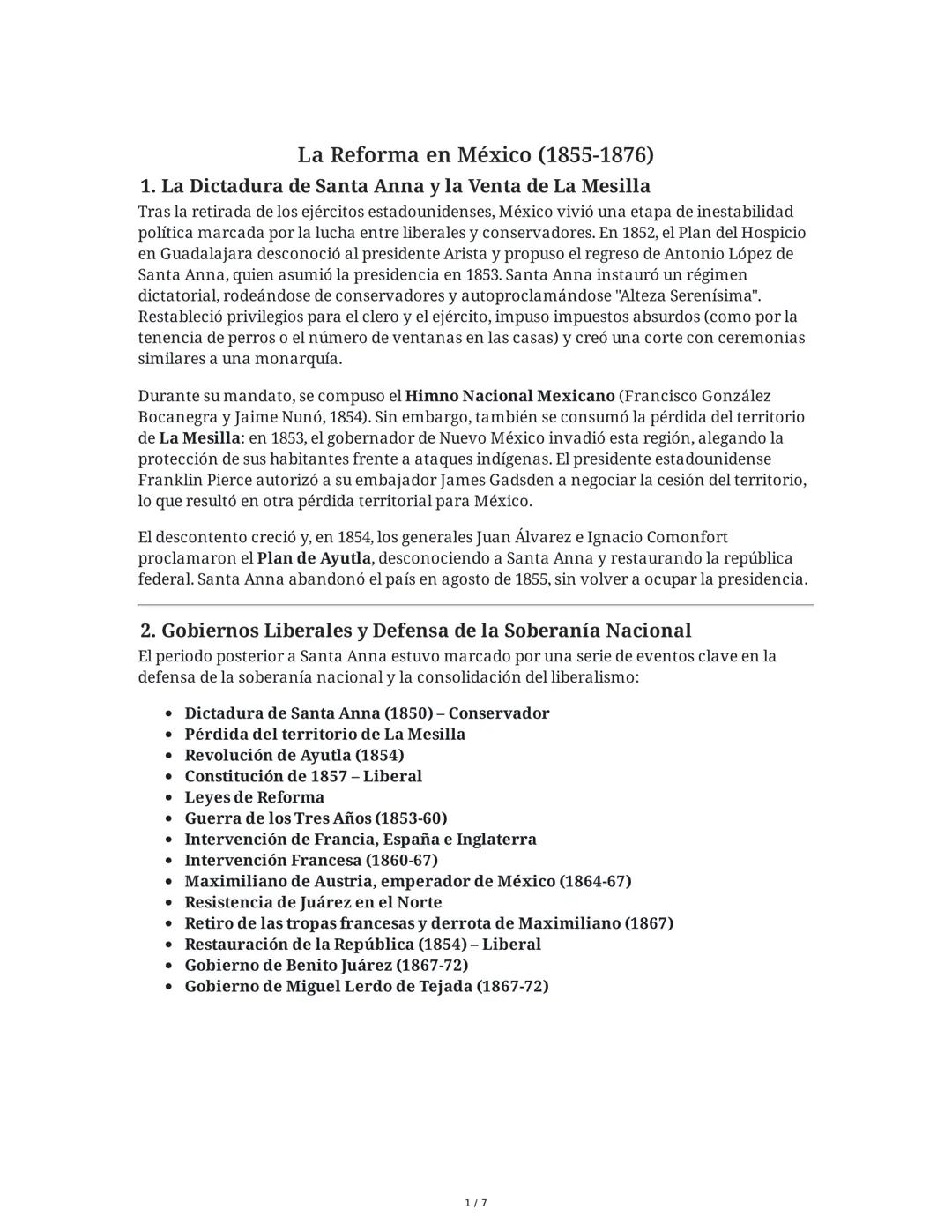 La Reforma en México (1855-1876)
1. La Dictadura de Santa Anna y la Venta de La Mesilla
Tras la retirada de los ejércitos estadounidenses, M