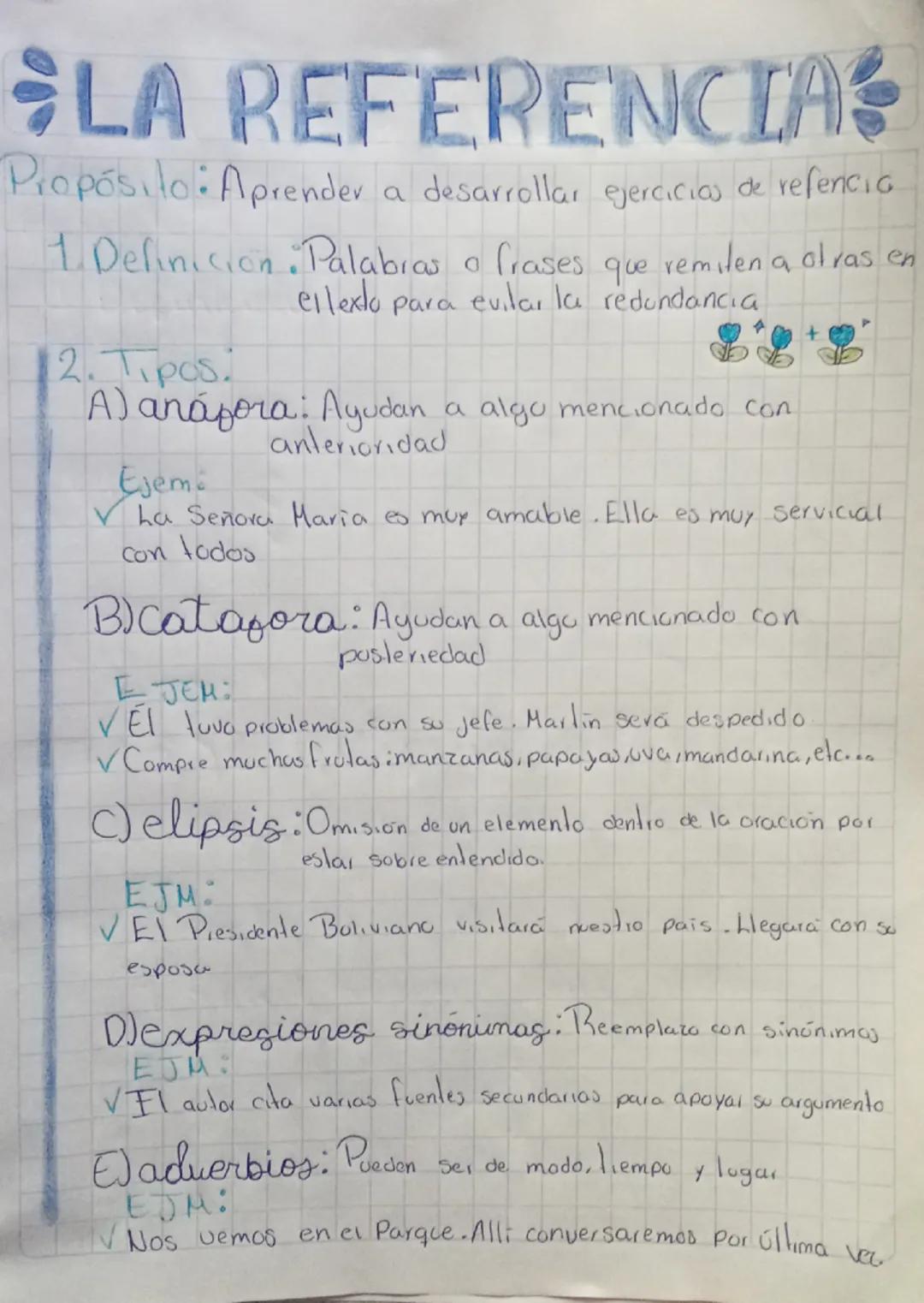 LA REFERENCIA?
Propósito: Aprender
a desarrollar ejercicios de refencia
1. Definicion. Palabras a frases que remilen a otras en
2. Tipos
ell