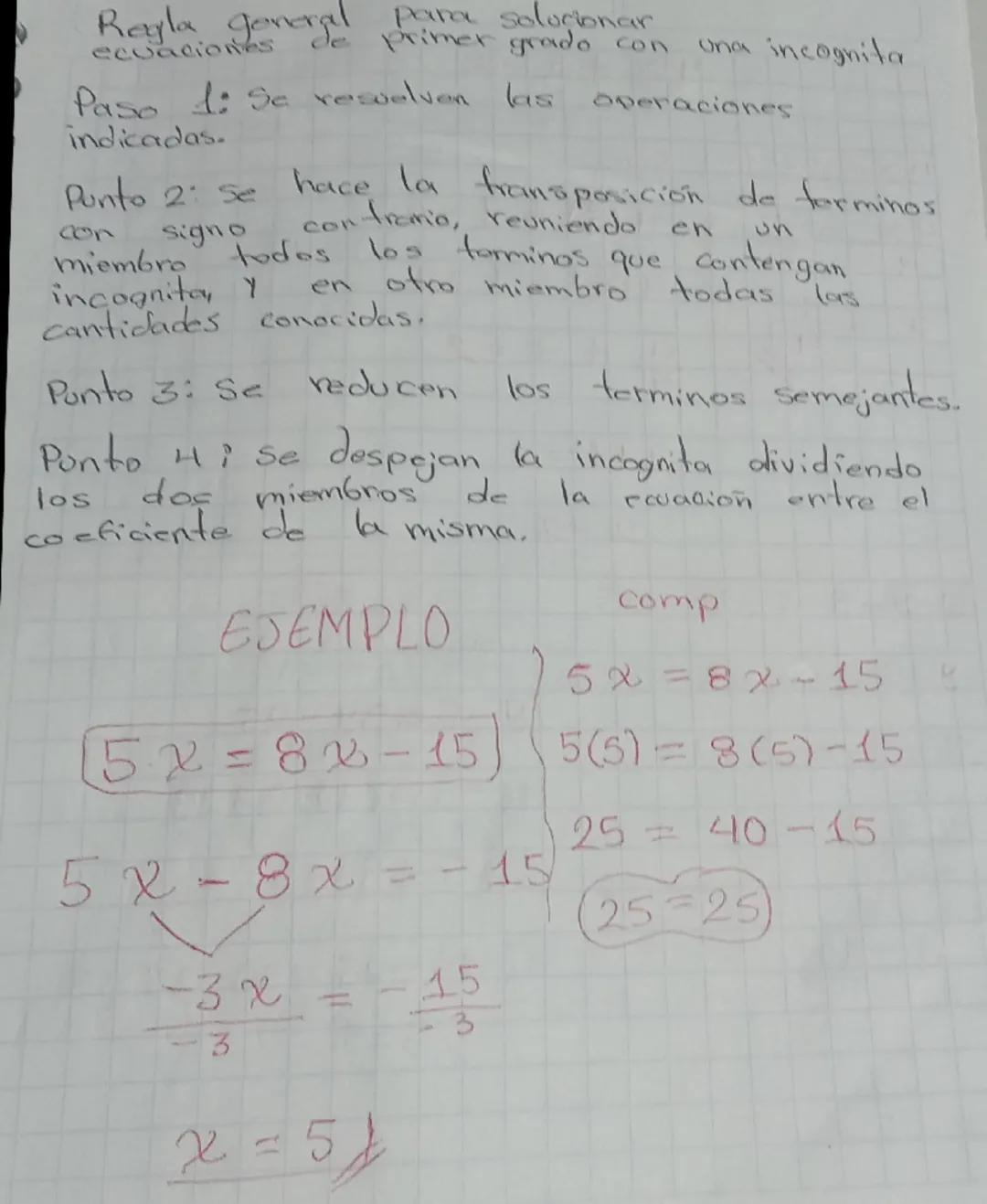 # Regla general para solucionar
ecuaciones de primer grado con una incógnita

Paso 1: Se resuelven las operaciones
inidicadas.

Punto 2: Se 