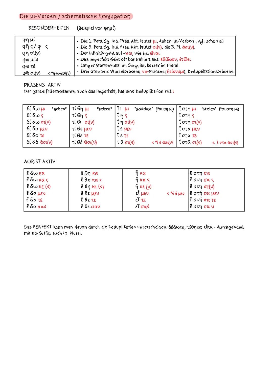 # Die μι-Verben / athematische Konjugation

BESONDERHEITEN (Beispiel von φημί)

φημί

φῆς/φς

φη σί(ν)

φα μέν

φα τέ

φα σί(ν) «φα-ασί(ν)

