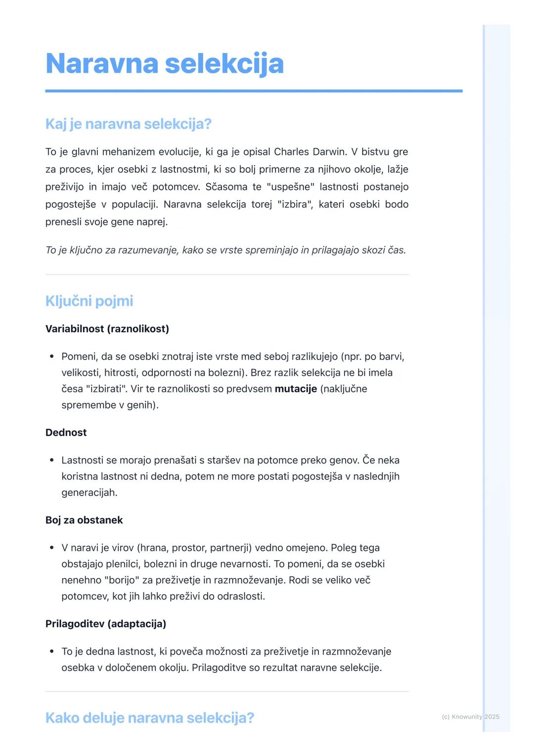 # Naravna selekcija

Kaj je naravna selekcija?

To je glavni mehanizem evolucije, ki ga je opisal Charles Darwin. V bistvu gre
za proces, kj