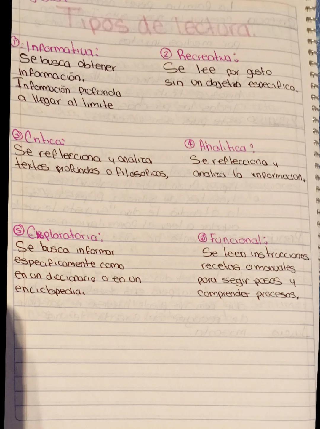 ## Tipos de lectura

1. **Informativa:**
Se busca obtener información.
Información profunda
a llegar al límite

2. **Recreativa:**
Se lee po