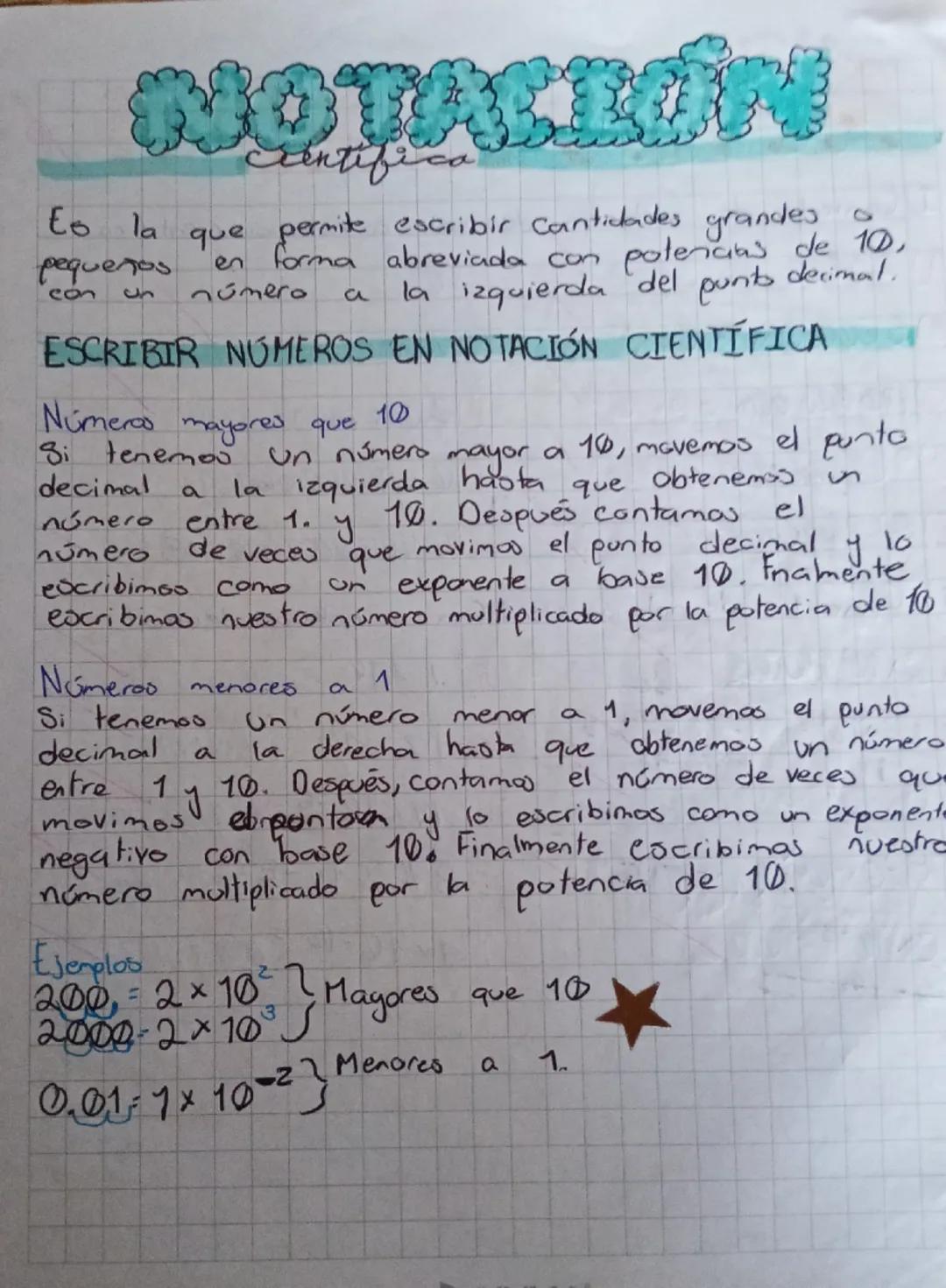 # NOTACIÓN
científica
Es la que permite escribir cantidades grandes o
pequeñas en forma abreviada con potencias de 10,
con un número a la iz