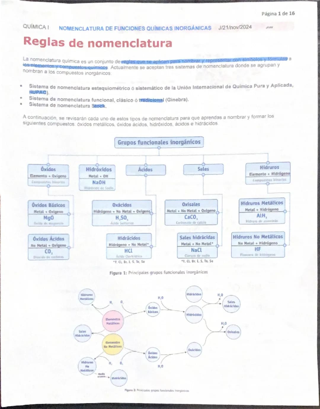 Página 1 de 16
QUÍMICA I
NOMENCLATURA DE FUNCIONES QUIMICAS INORGÁNICAS J/21/nov/2024
JAM
Reglas de nomenclatura
La nomenclatura quimica es 