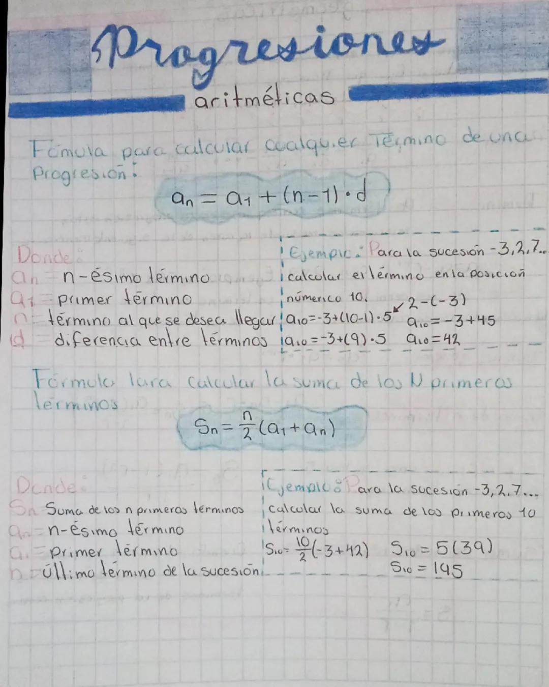 Progresiones
para
Famula
Progresion.
aritméticas
calcular cualquier Termino de unas
an = a₁+ (n-1) d
Donde
an n-ésimo término
91 primer term