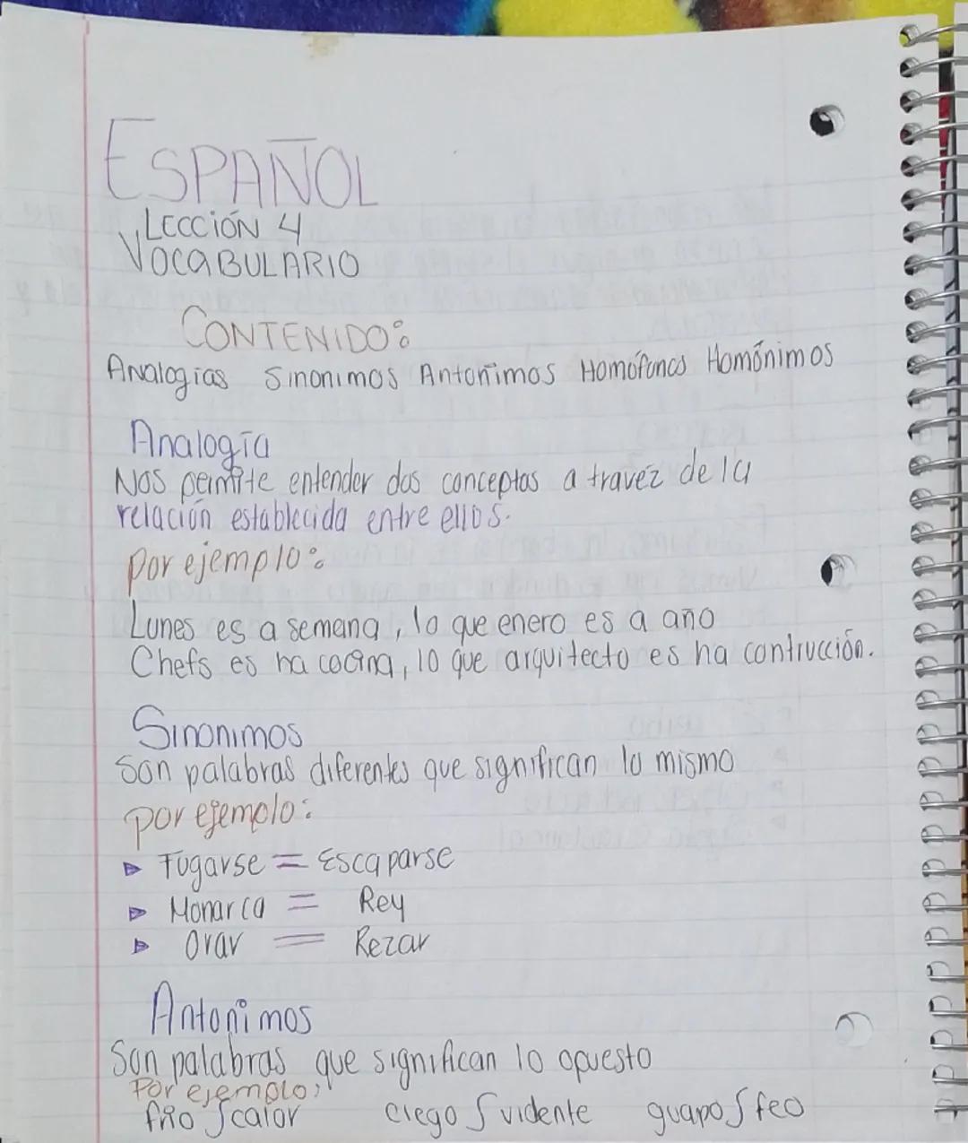 ESPAÑOL
·LECCIÓN 4
VOCABULARIO
CONTENIDO
Analogias Sinonimos Antonimos Homofonos Homónimos
Analogia
Nos permite entender das conceptos a tra