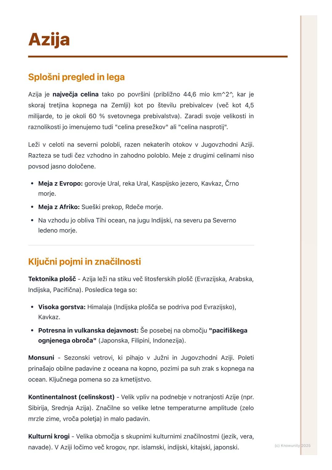# Azija

Splošni pregled in lega

Azija je največja celina tako po površini (približno 44,6 mio km^2, kar je
skoraj tretjina kopnega na Zeml