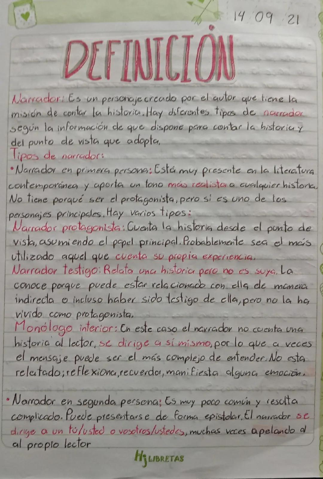 # DEFINICIÓN

14 09 21

Narrador: Es un personaje creado por el autor que tiene la
misión de contar la historia. Hay diferentes tipos de nar