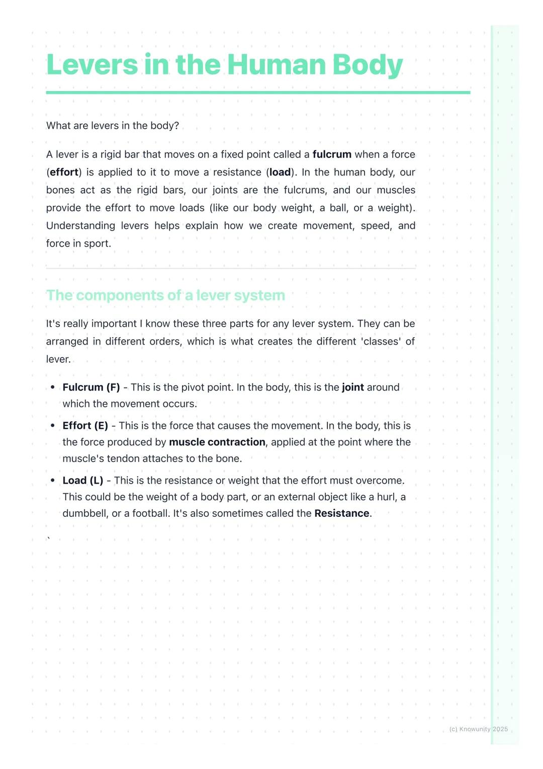 # Levers in the Human Body

What are levers in the body?

A lever is a rigid bar that moves on a fixed point called a fulcrum when a force
(