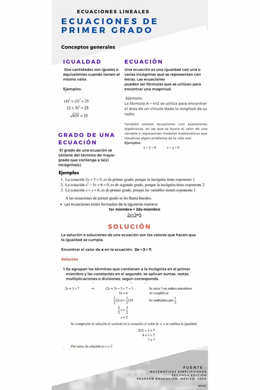 ECUACIONES LINEALES
ECUACIONES DE
PRIMER GRADO
Conceptos generales
IGUALDAD
Dos cantidades son iguales o
equivalentes cuando tienen el
mismo