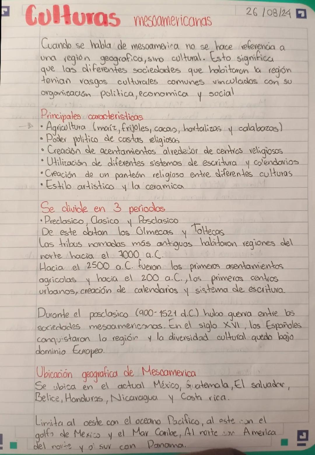 # Culturas mesoamericanas
26/08/247

Cuando se habla de mesoamerica no se hace referencia a
una región geografica, siro cultural. Esto signi