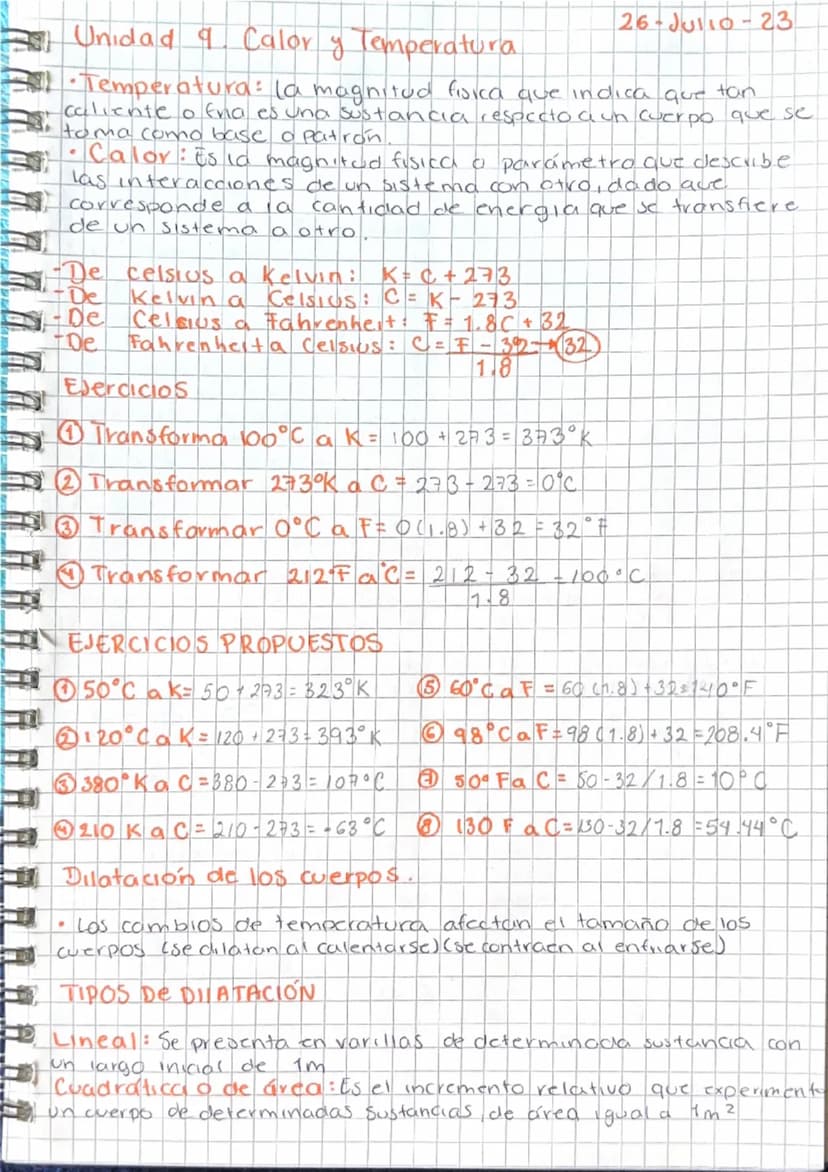 Unidad 9 Calor y Temperatura
26-Julio-23
•Temperatura: la magnitud fisica que indica que tan
caliente o fnia es una sustancia respecto a un 