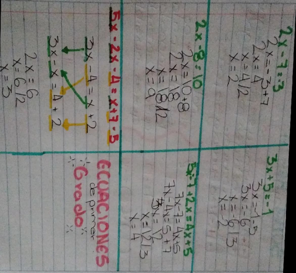 2x-7=3
2x=-3+7
2x=4
x=4/2
X=2
2x-8=10
2x=10+8
2x=18
X=18/2
X=9
5x-2x-4=x+7-5
3x-4=x+2
3x - x = 4+ 2
2x=6
X=6/2
x=3
3x+5=-1
3x=-1-5
3x=-6
x=-