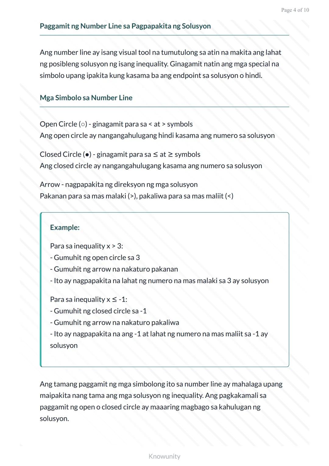Mga Linear Equation at Inequality: Paglalarawan gamit sa Number Line
Pag-aaral ng mga linear inequality at paggamit ng number
line
Mga Layun