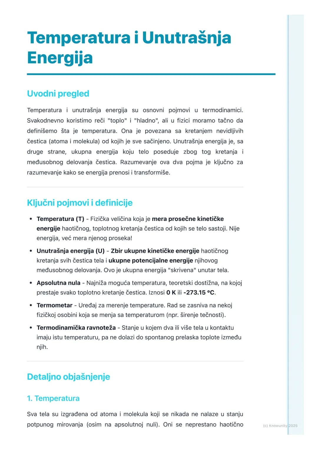 # Temperatura i Unutrašnja
Energija

Uvodni pregled

Temperatura i unutrašnja energija su osnovni pojmovi u termodinamici.
Svakodnevno koris