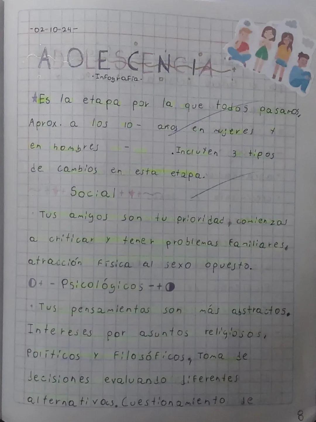 -02-10-24-
ADOLESCENCIA
•Infografia.
*Es la etapa por la que todos pasamos,
Aprox. a los 10- años en mujeres y
en hombres -  •Incluyen 3 tip