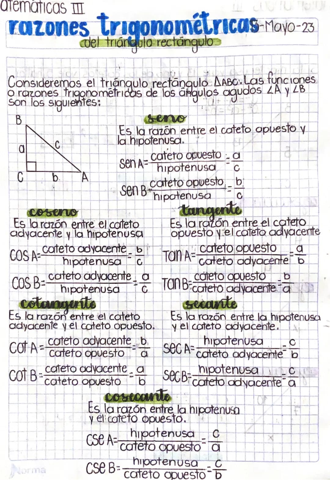 atematicas III
razones trigonométricas-Mayo-23.
del triángulo rectángulo
Consideremos el triángulo rectángulo AABC. Las funciones
o razones 