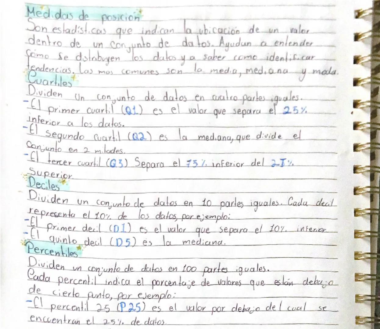 Medidas de posición
Son estadísticas que indican la ubicación de un valor
dentro de un conjunto de datos. Ayudan a entender
como se distribu