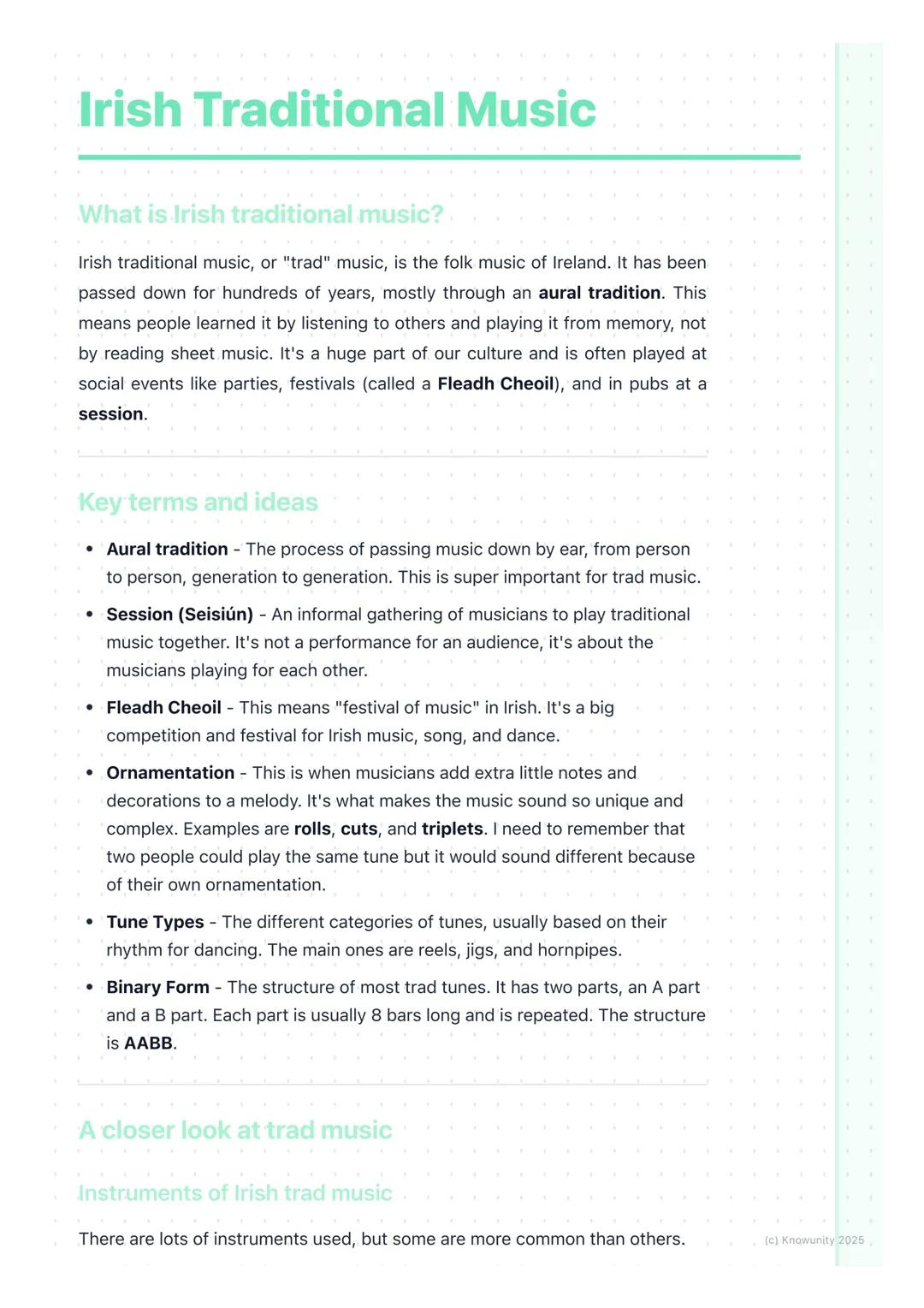 # Irish Traditional Music

## What is Irish traditional music?

Irish traditional music, or "trad" music, is the folk music of Ireland. It h