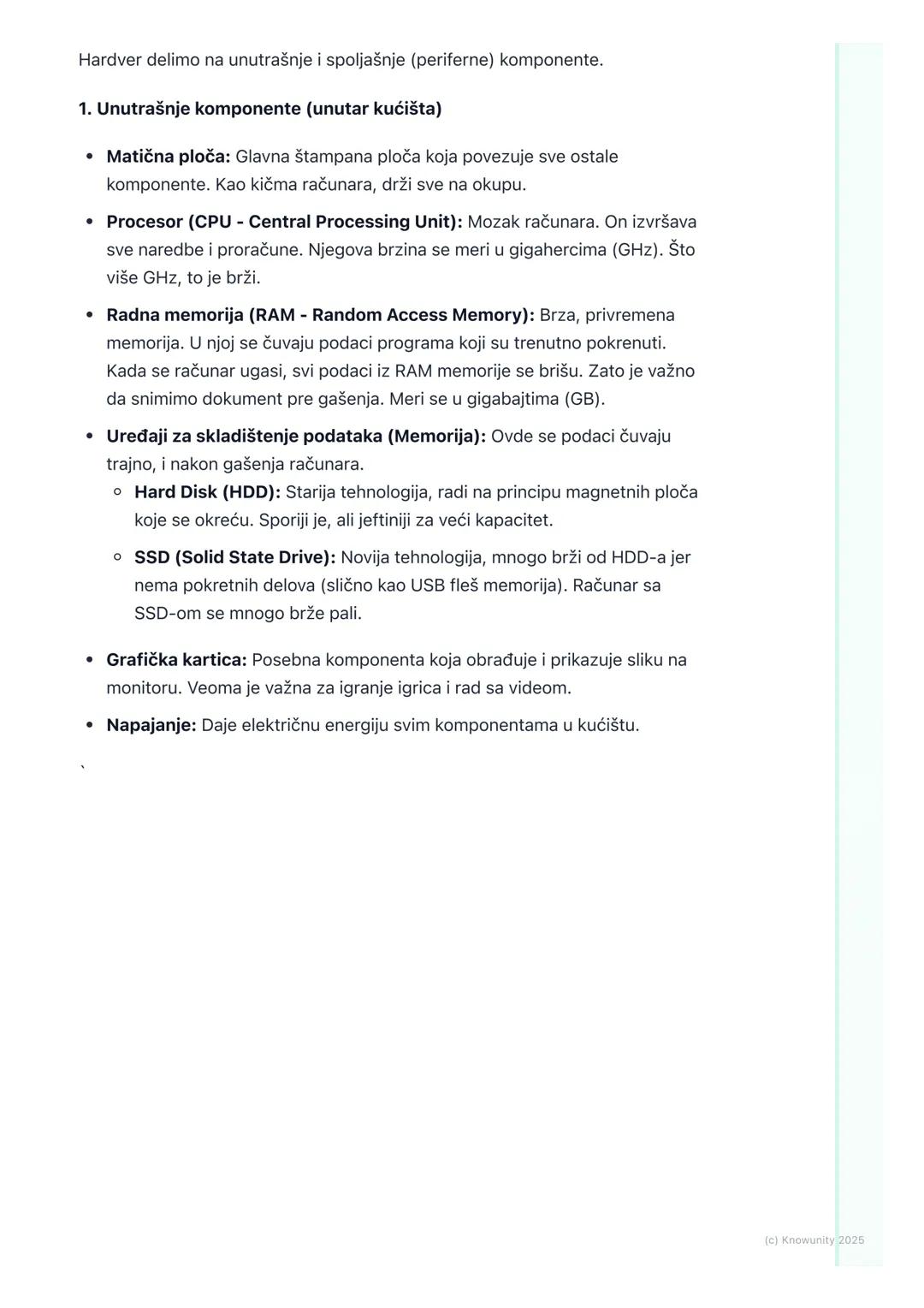 # Hardver i softver računara

Uvod u hardver i softver

Računar se sastoji iz dva osnovna dela: hardvera i softvera. Ne mogu da rade
jedan b